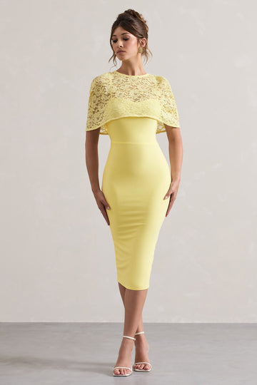 Claudette Lemon Bodycon Midi Dress With Lace Overlay